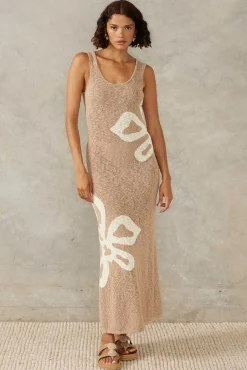 Clearance Mon Renn Bloom Knit Midi Dress - Mink Grey & Lemon