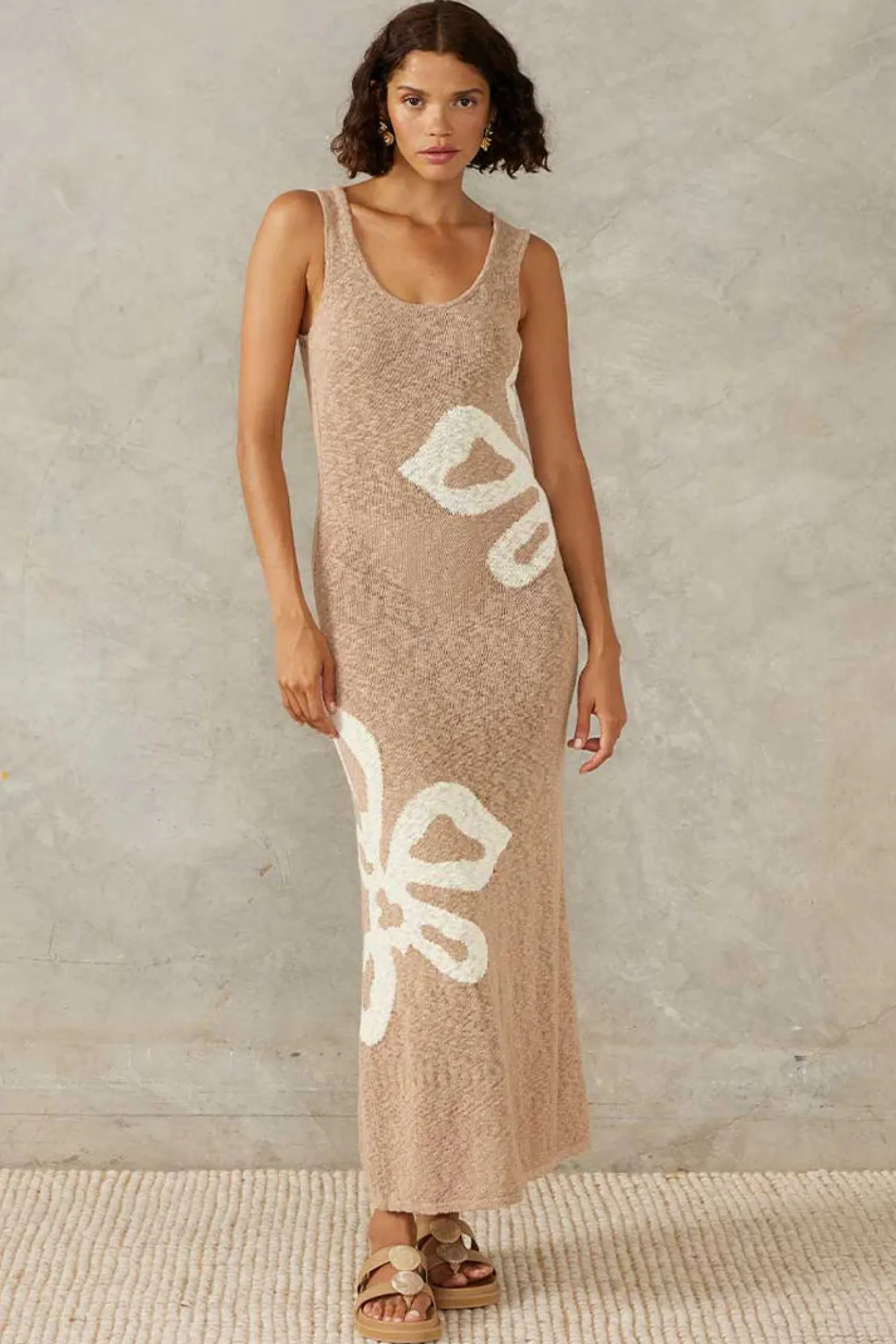 Clearance Mon Renn Bloom Knit Midi Dress - Mink Grey & Lemon