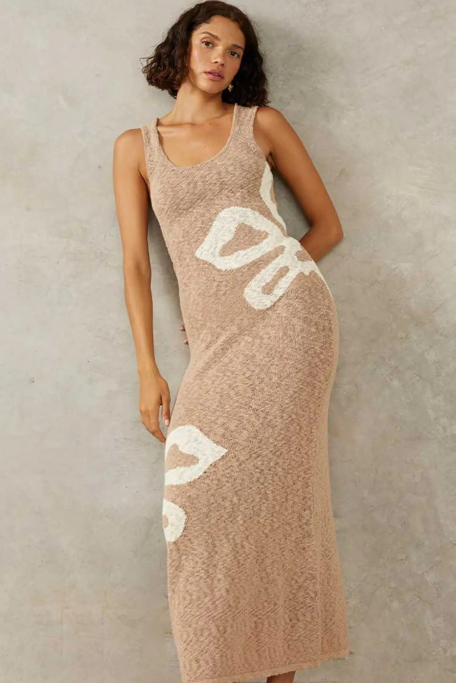Clearance Mon Renn Bloom Knit Midi Dress - Mink Grey & Lemon