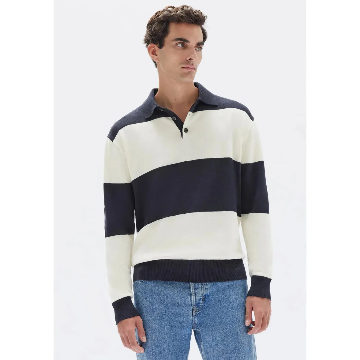 Sale Assembly Label Carter Cotton Long Sleeve Knit Polo - True Navy / Cream