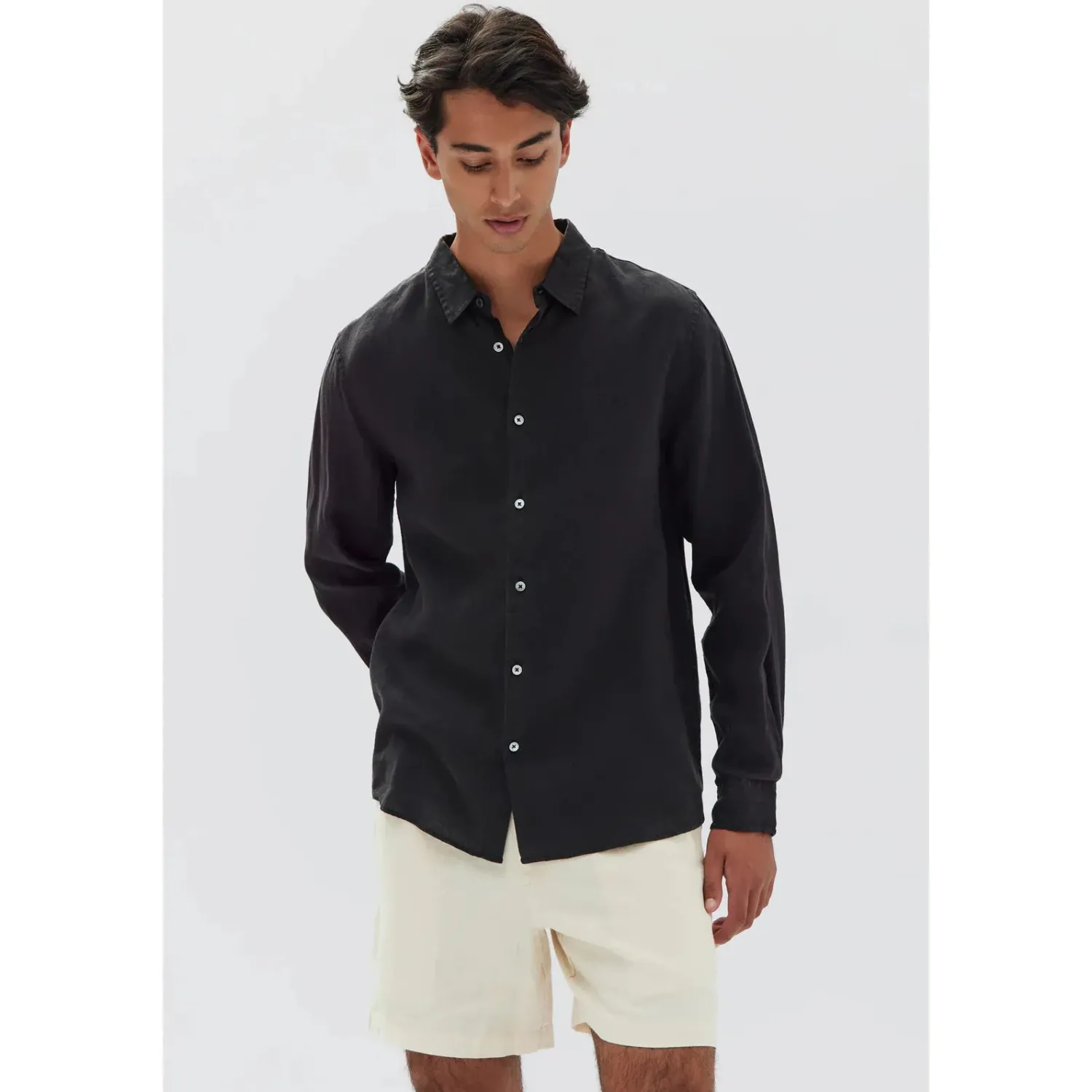 Sale Assembly Label Mens Everyday Linen Long Sleeve Shirt - Black