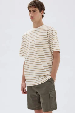 Hot Assembly Label Port Stripe Short Sleeve Tee - White / Tan Stripe
