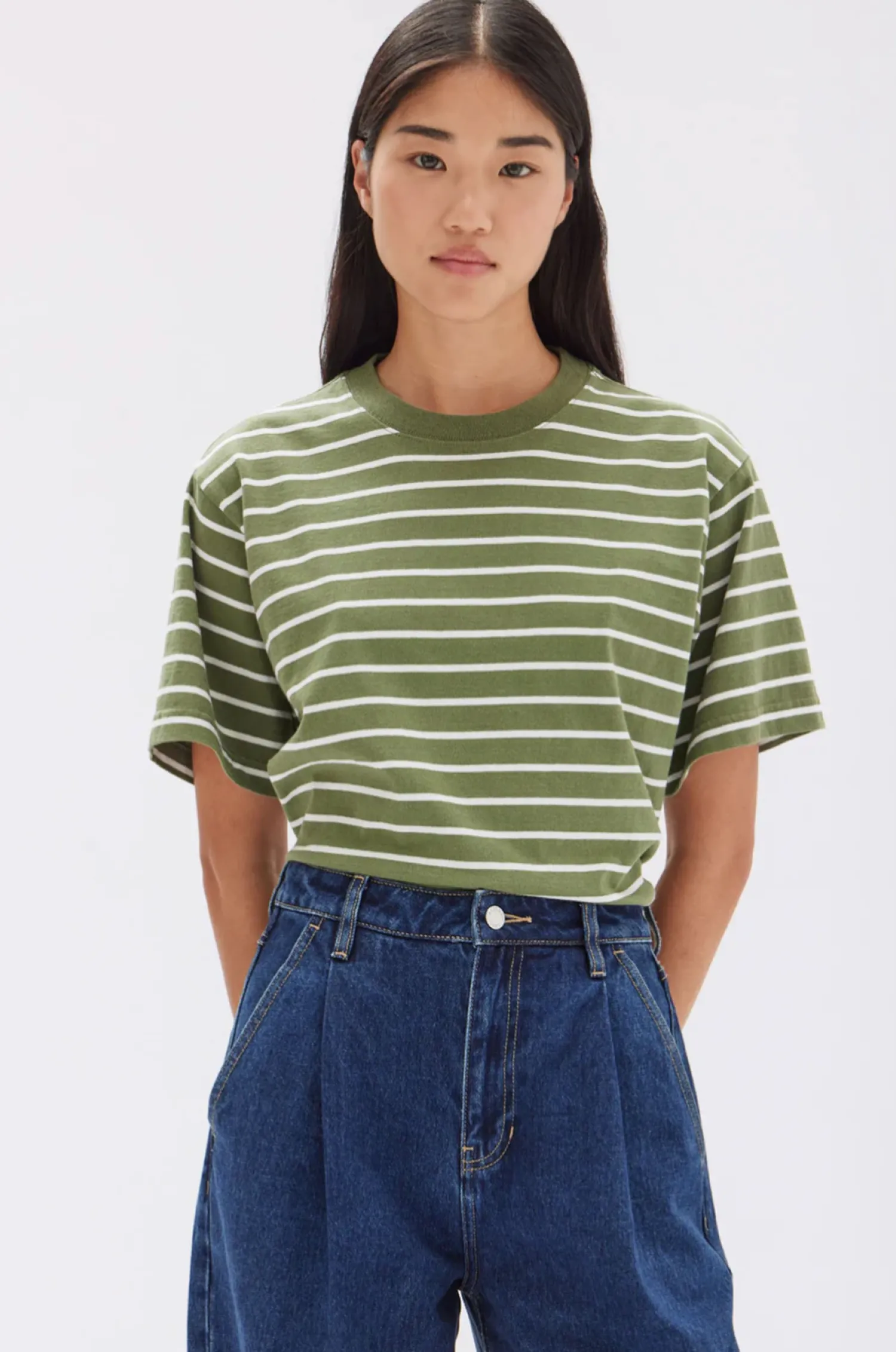 New Assembly Label Womens Cohen Stripe Short Sleeve Tee - Pandan/Antique White