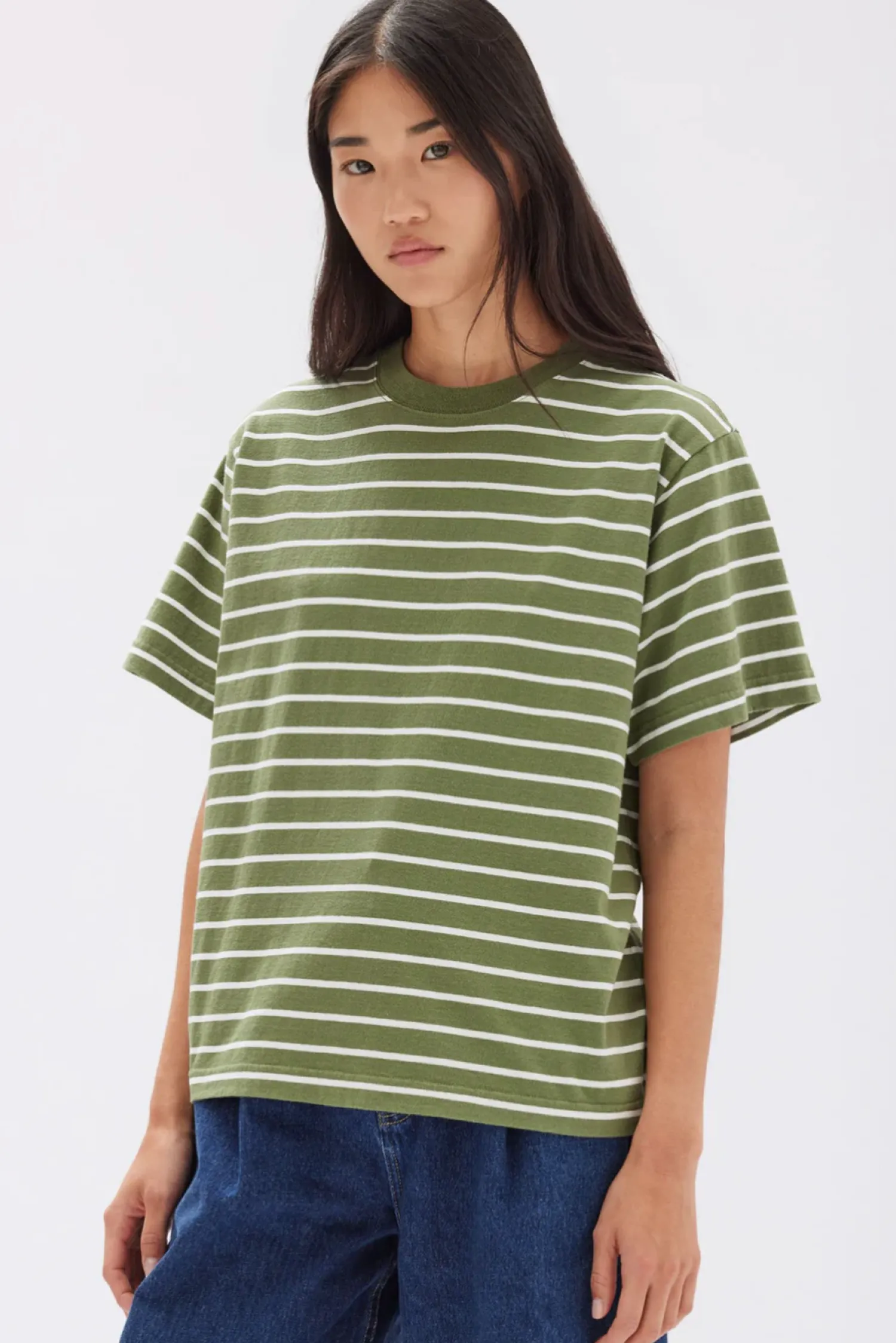 New Assembly Label Womens Cohen Stripe Short Sleeve Tee - Pandan/Antique White